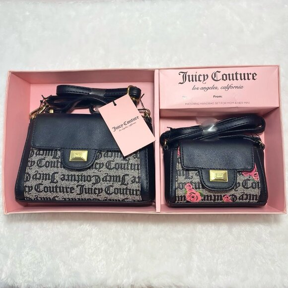 Juicy Couture Black Beige Logo Rose Print Mommy & Me Mini Crossbody Bags NWT - Picture 2 of 7